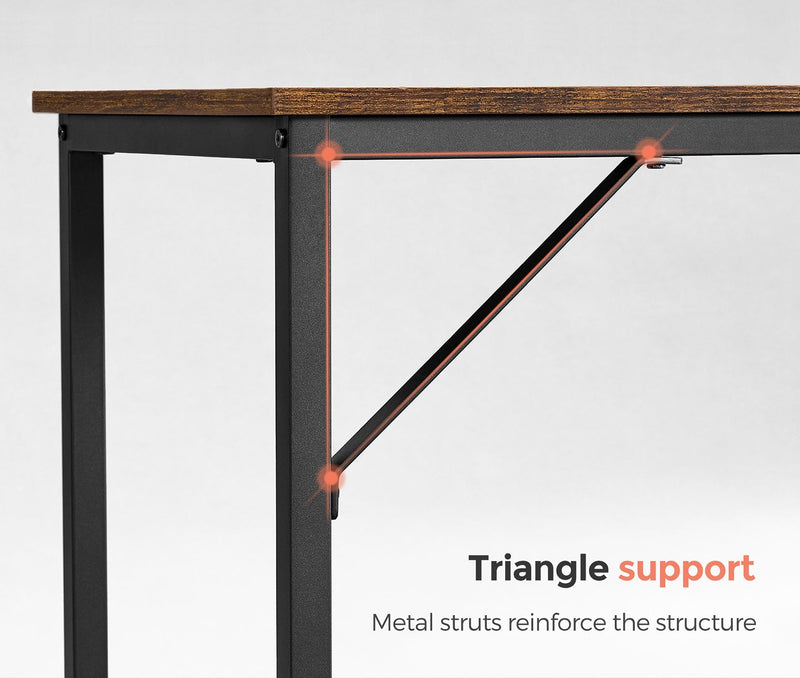 Close-up of the triangular metal strut bracing the desk leg and frame