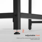 Close-up of the adjustable foot at the base of the black steel leg