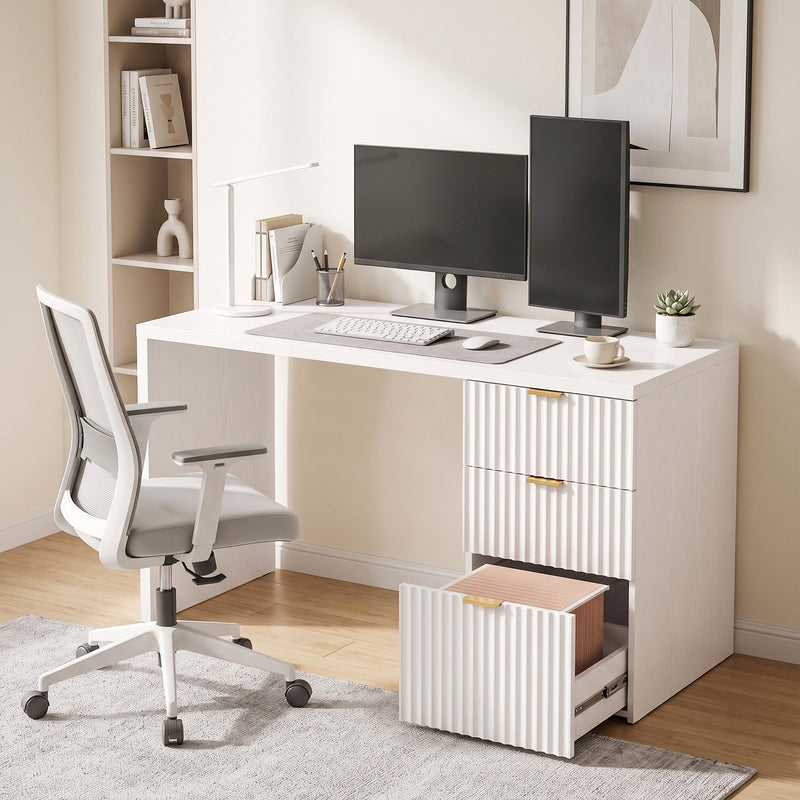 Lifestyle photo of the white computer desk set up with two monitors in a home office