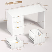 Dimensions diagram for the computer desk showing 120 cm width, 76 cm height and drawer sizes