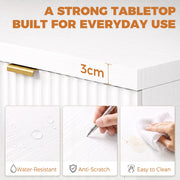 Tabletop close-up panel showing water-resistant, anti-scratch and easy-clean features