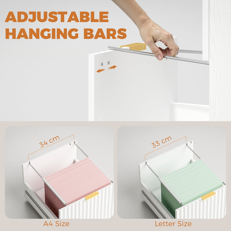 Adjustable hanging bar panel showing A4 and Letter size file positions in the bottom drawer