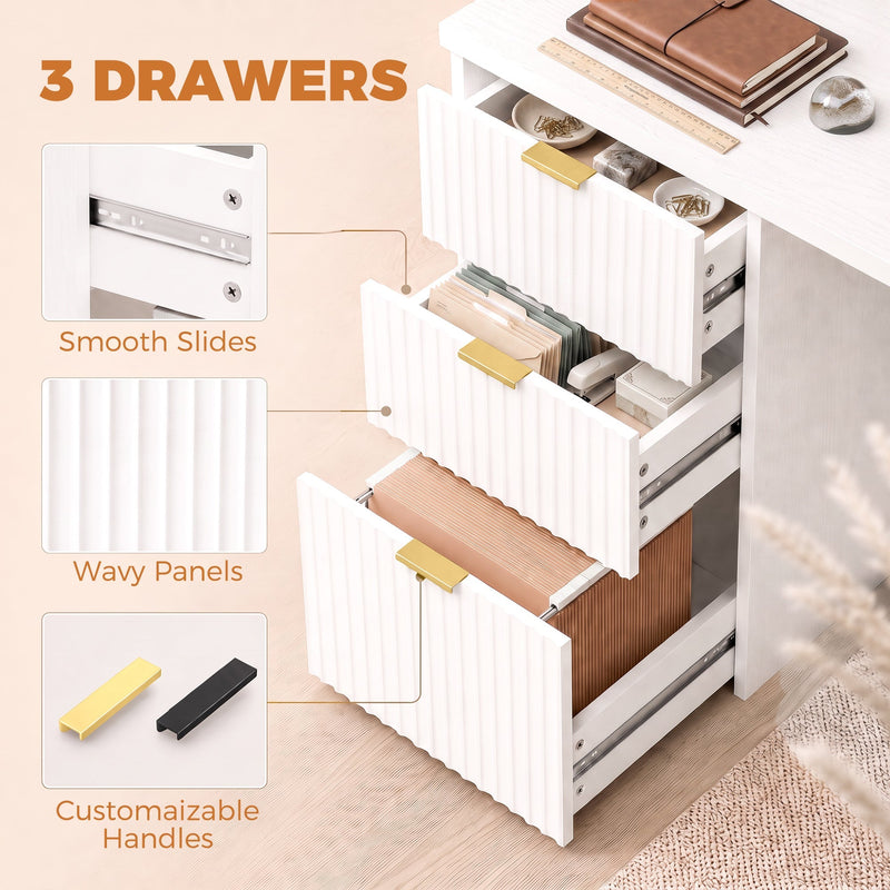 Three drawers panel showing smooth metal slides, wavy drawer fronts and swappable gold and black handles