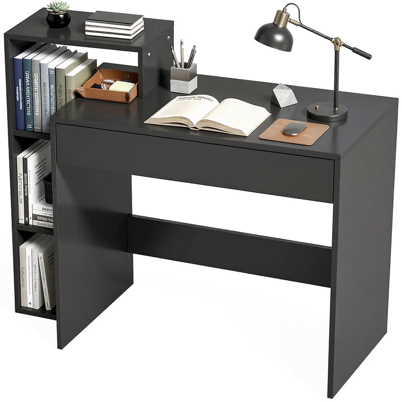 Black desk with an open book, desk lamp and shelves of books on a white background