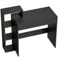 Black computer desk with three open shelves on the left and a drawer on a white background