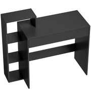 Black computer desk with three open shelves on the left and a drawer on a white background