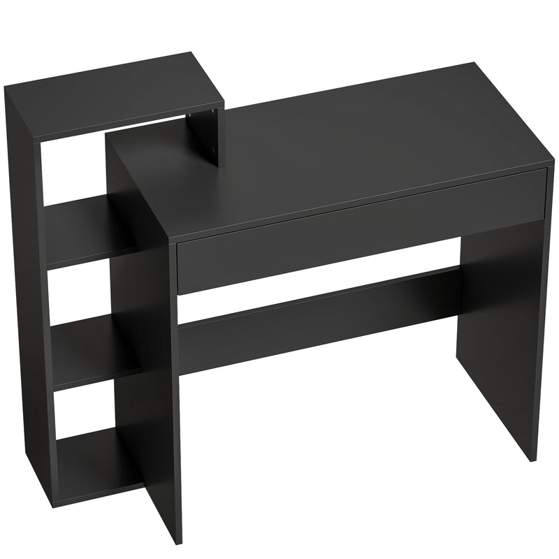 Black computer desk with three open shelves on the left and a drawer on a white background