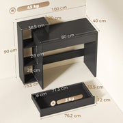 Dimensions diagram of the black desk showing 100 cm width, 40 cm depth, 90 cm height and drawer size