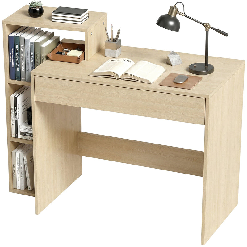 Angled view of the natural desk with books, a lamp and an open notebook on the desktop