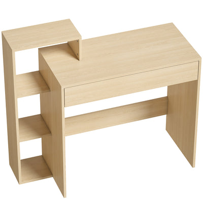Natural computer desk with 3 open side shelves and a drawer on a white background