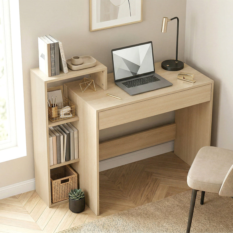 Natural computer desk in a bedroom with a laptop, books and a lamp on top