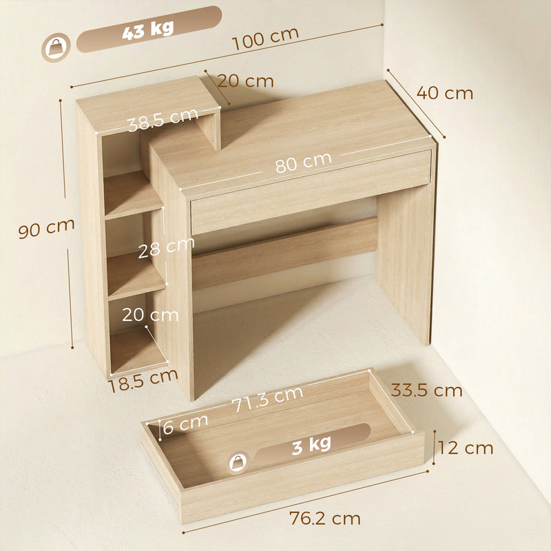 Dimensions diagram of the computer desk showing 100 cm wide, 40 cm deep, 90 cm high and drawer size