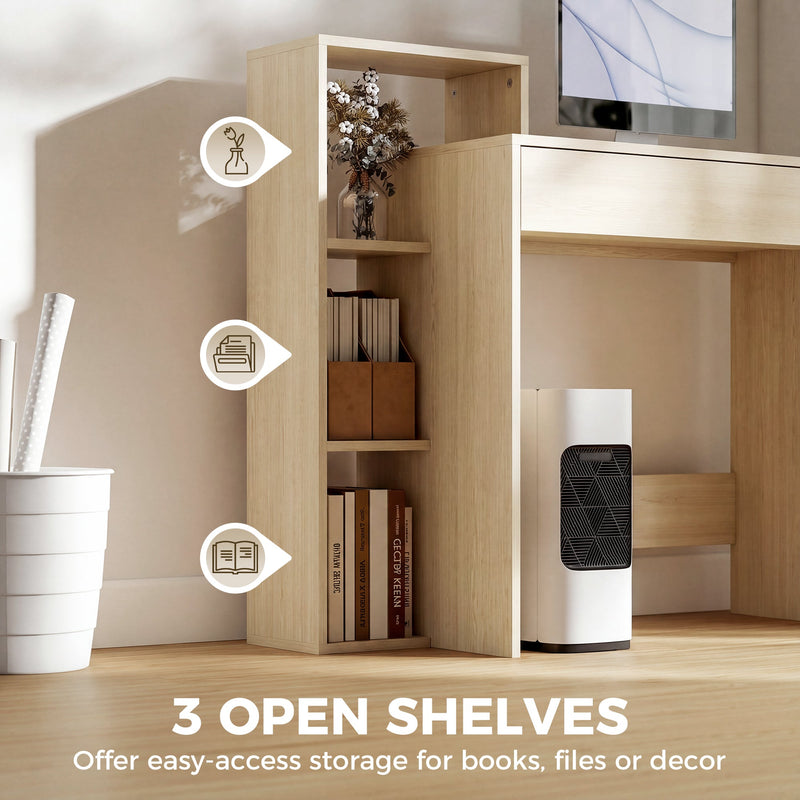 Close-up of the 3 open shelves holding books, files and decor beside the desk