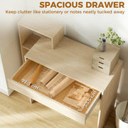 Desk drawer pulled open showing a 71.3 cm by 33.5 cm interior with stationery inside