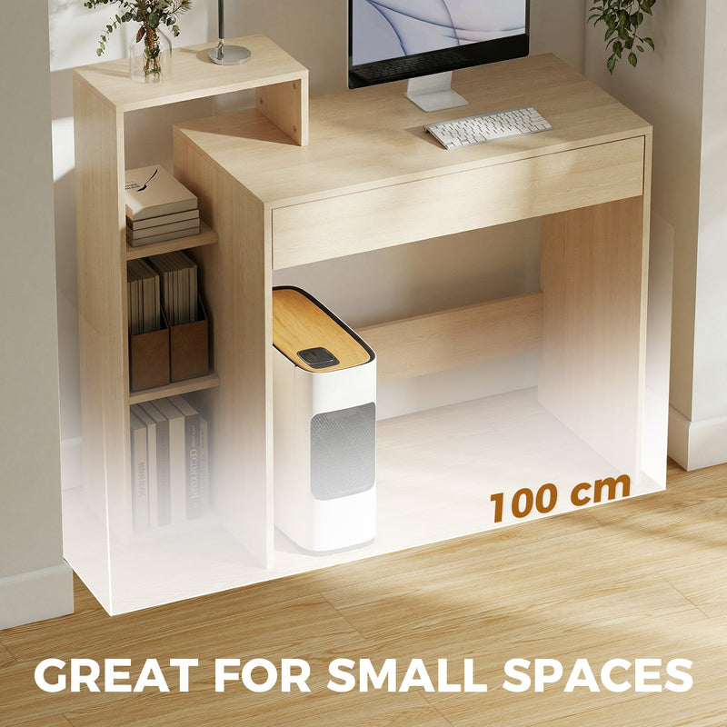 Compact 100 cm desk with a monitor on top and a waste bin tucked beneath