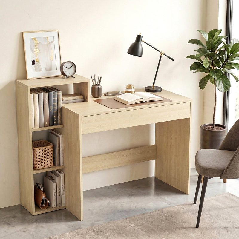Natural desk in a living room with an open book, desk lamp and books on the shelves