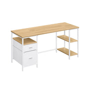 Natural oak and cloud white computer desk with 2 drawers and open shelving on angled legs