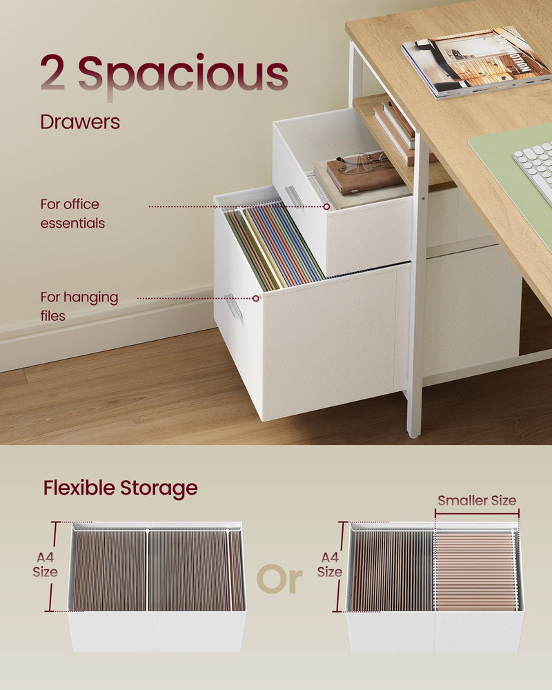 Open drawer showing A4 hanging file storage and a smaller drawer for office essentials