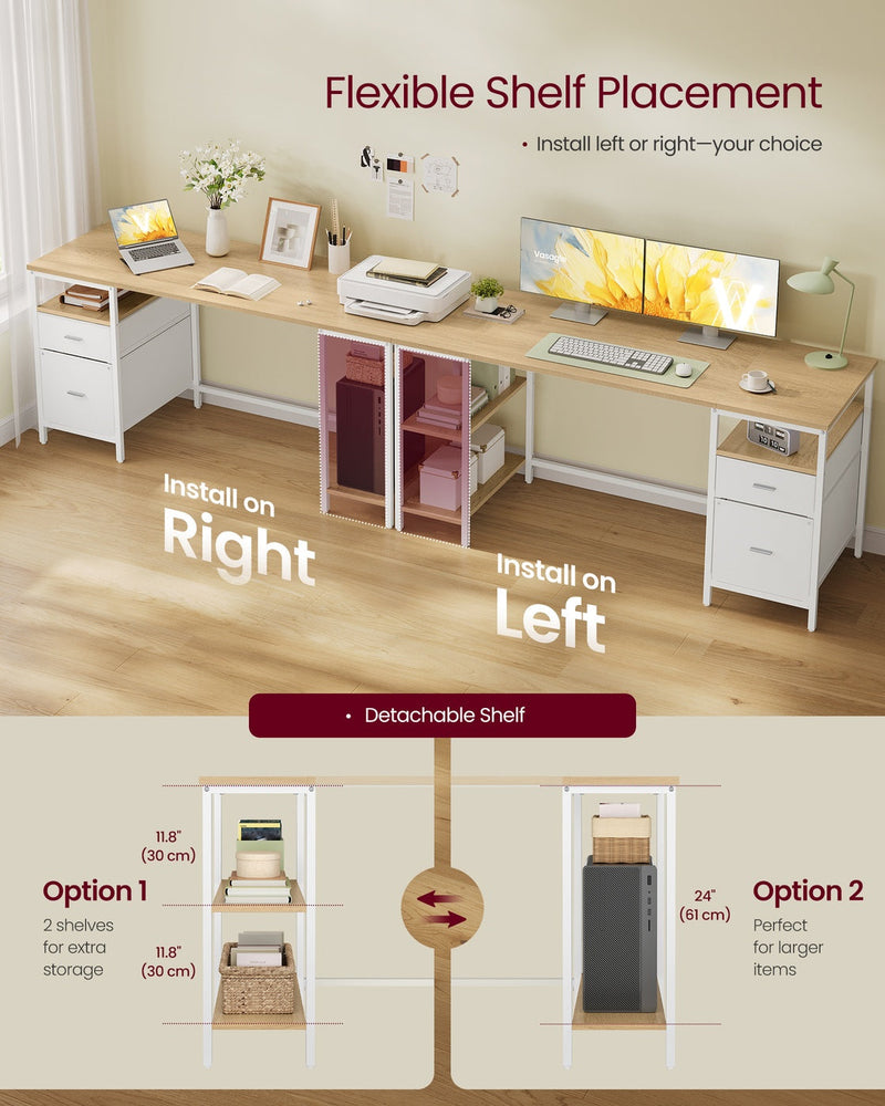 Detachable shelf unit shown installed on the left or right side of the desk