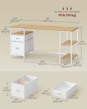 Dimension diagram showing the desk's width, depth, height and drawer interior sizes