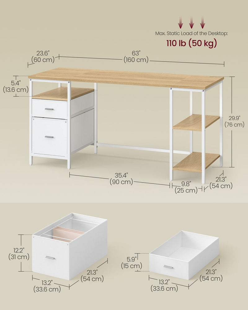 Dimension diagram showing the desk's width, depth, height and drawer interior sizes