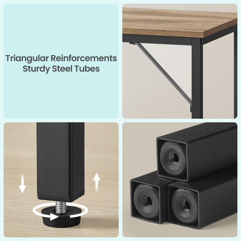 Close-up of the desk's triangular steel reinforcement and adjustable feet