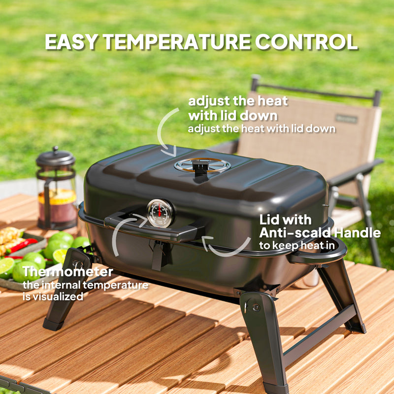 Folding Charcoal BBQ Grill with Thermometer Adjustable Vent and Handles by Outsunny