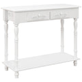 White console table with 2 drawers and lower shelf, angled studio shot