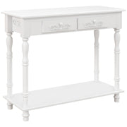 White console table with 2 drawers and lower shelf, angled studio shot