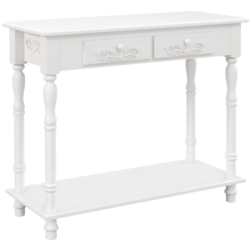 White console table with 2 drawers and lower shelf, angled studio shot