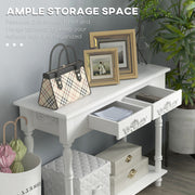 Close-up of an open drawer holding a bag, photo frames and accessories on the console table