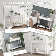 Collage showing the white console table styled in a living room, bedroom and entryway