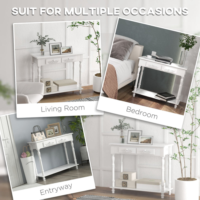 Collage showing the white console table styled in a living room, bedroom and entryway
