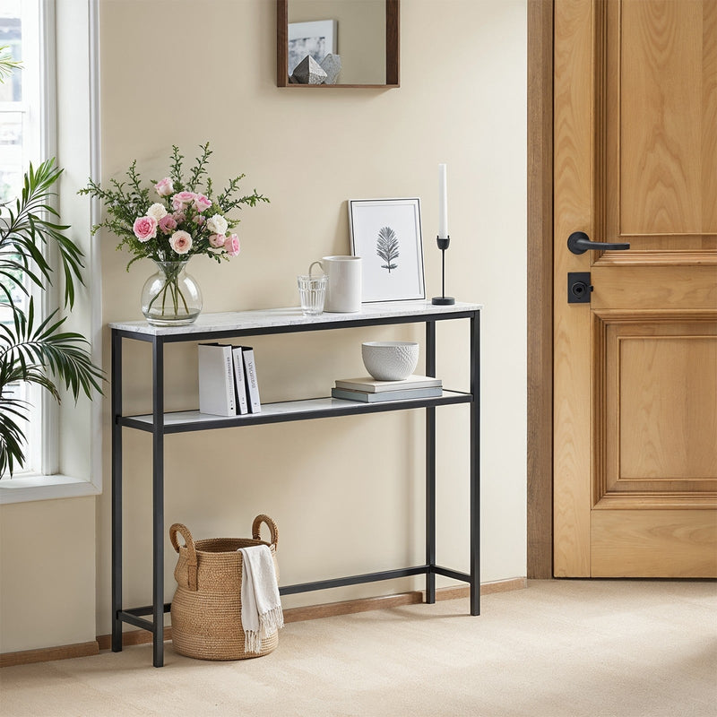 Console table lower shelf storage detail