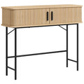 Oak-effect console table with two slatted sliding doors on a black steel frame, front view