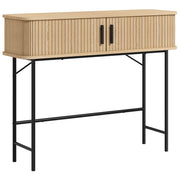 Oak-effect console table with two slatted sliding doors on a black steel frame, front view