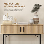 Close-up of the slatted tambour doors with black handles on the console table