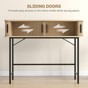 Console table with one sliding door shown opening sideways to reach the storage compartment