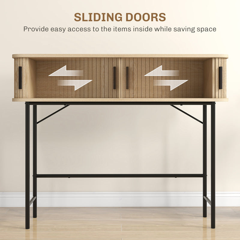 Console table with one sliding door shown opening sideways to reach the storage compartment
