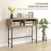 Console table with both doors open showing two storage compartments holding a radio and photo frames