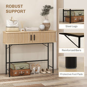 Console table with close-ups of the steel legs, reinforced bars and protective foot pads