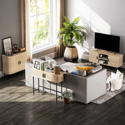 Console table beside a sofa in a living room with a television unit and plants