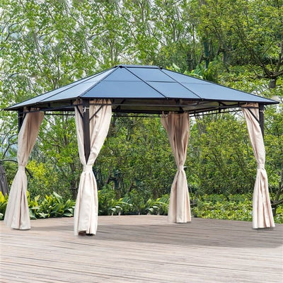 Hardtop Polycarbonate Gazebo with Curtains, 3.6 x 3m — Brown Outsunny