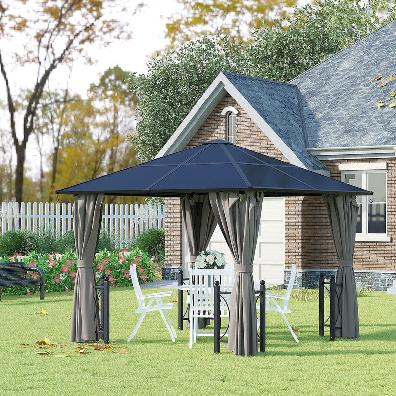 3x3m Polycarbonate Hard Roof Gazebo For Gardens, Steel Frame, Curtains, Mosquito Nets, Black Outsunny