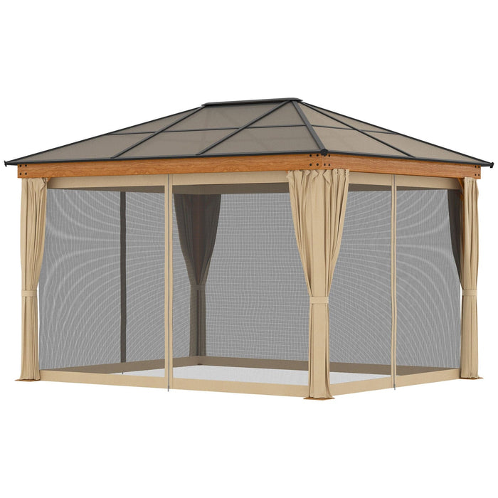 Aluminium Garden Gazebo with Polycarbonate Roof, Nettings and Sidewalls, Khaki, 3 x 3.6m