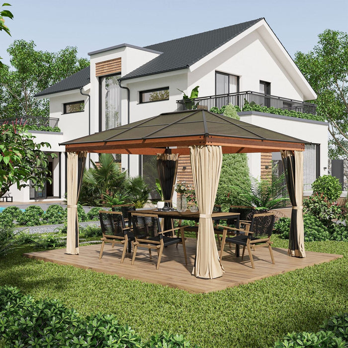 Aluminium Garden Gazebo with Polycarbonate Roof, Nettings and Sidewalls, Khaki, 3 x 3.6m