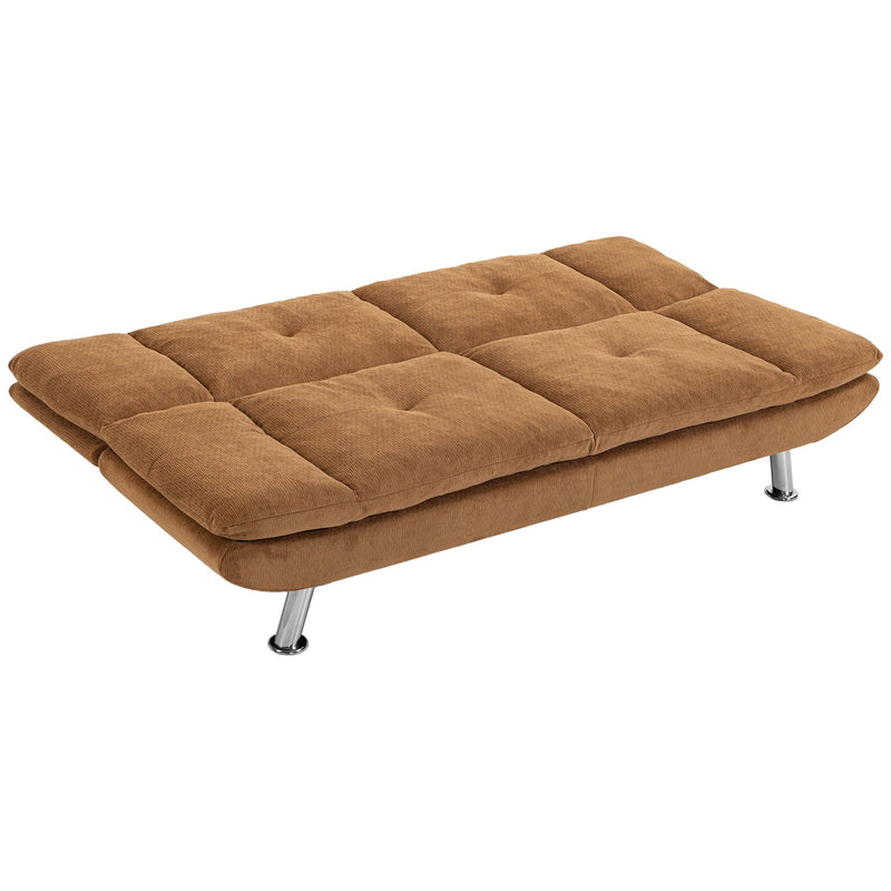 Brown chenille 3 seater convertible sofa bed laid flat as a bed on a white background