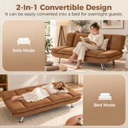 Brown sofa bed shown as a sofa for reading and as a bed for sleeping