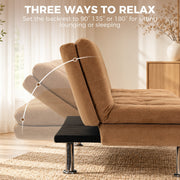 Brown sofa bed backrest tilting through 90, 135 and 180 degree positions