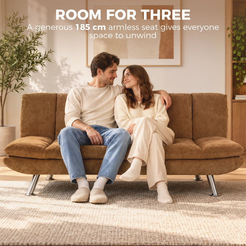 Couple sitting side by side on the brown 185 cm armless sofa bed